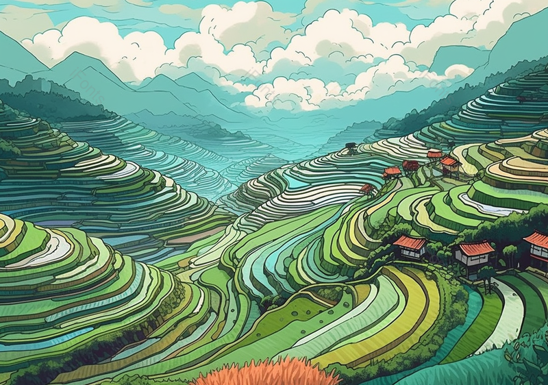 绿色农村梯田手绘场景,插画/手绘图,插画/手绘图库,插画/手绘图下载,插画/手绘